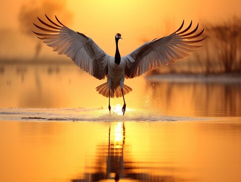 A Flying Common Crane Bird - Eurasian Crane - landing on Water with Reflection - Little Rann of Kutch, Gujarat, India