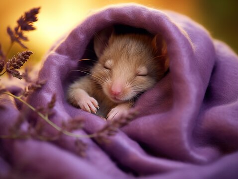 Cute little animal sleeping in violet blanket