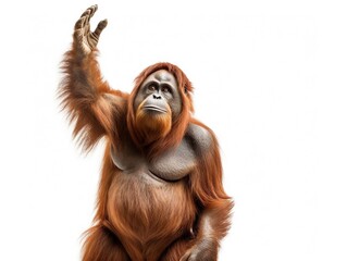 Bornean orangutan standing, reaching up, Pongo pygmaeus