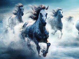 Water Horses Galloping - obrazy, fototapety, plakaty