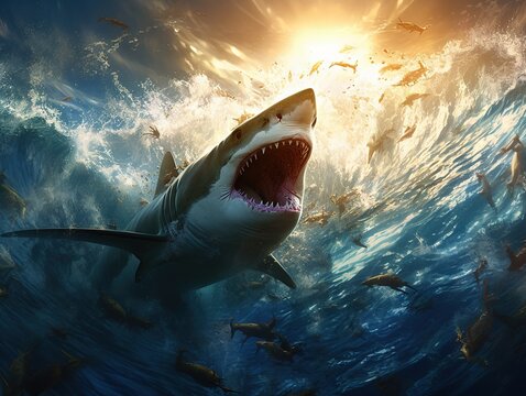 Breaking ocean in sunlight and angry sharks