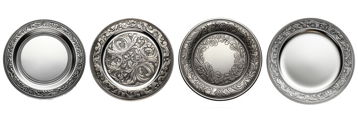 Collection of front view antique silver plate. Photo of ancient vintage plate. Isolated on white background. Generative AI - obrazy, fototapety, plakaty