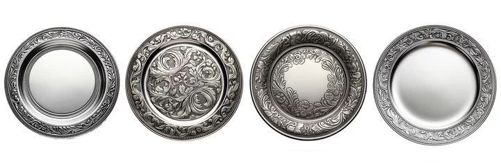 Fototapeten Collection of front view antique silver plate. Photo of ancient vintage plate. Isolated on white background. Generative AI © Ibnu