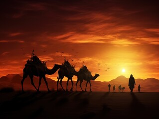 Desert fantasy, camels walking