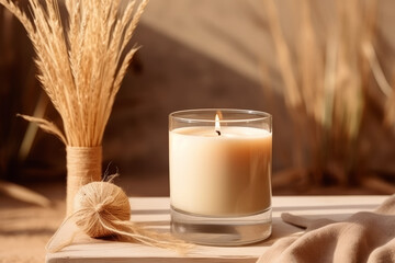 Burning scented candle with beautiful decorations, close view. Beige colors.generative ai
