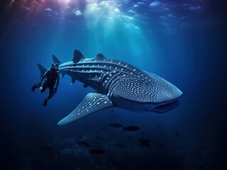 Whale shark and underwater photographer - obrazy, fototapety, plakaty
