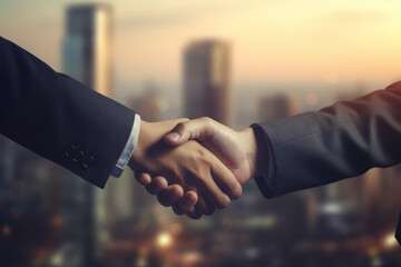 Hands of two businessmen shaking hands and shaking hands against the background of large windows in the office.generative ai
 - Powered by Adobe