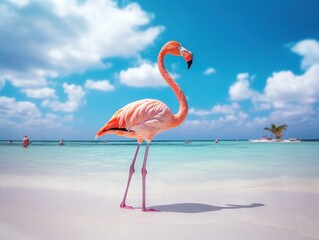 Pink flamingo on the beach, Aruba island