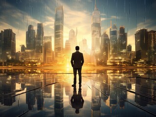 The double exposure image of the business standing back during sunrise overlay with futuristic cityscape image. The concept of