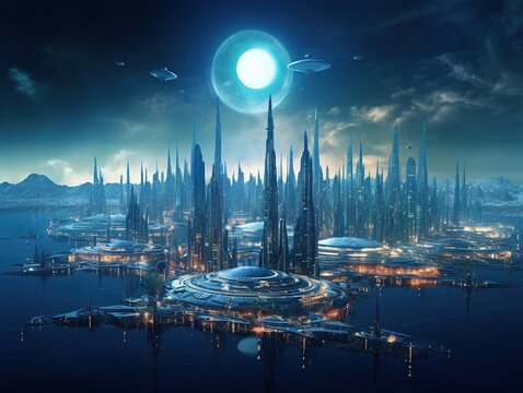 The abstract image of the futuristic cityscape island or the space colony on another space the concept of future fantasy constr
