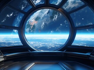 View of the planet earth from a huge spaceship window 3D rendering elements of this image furnished by NASA - obrazy, fototapety, plakaty