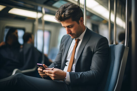 Young businessman using his phone while riding the subway or train.generative ai
