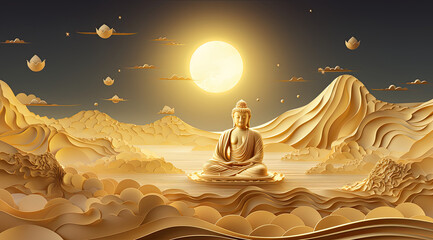 golden buddha meditating under the moon - obrazy, fototapety, plakaty