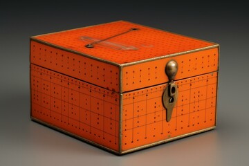 Orange secured box with mathematical tool and writing instrument. Generative AI