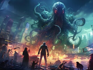 The tentacle monster destroys the city - obrazy, fototapety, plakaty