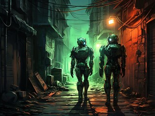 Fototapeta premium Two robots walking in narrow alley