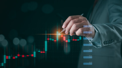 Stock market, Business growth, progress or success concept. Businessman or trader is showing a growing virtual hologram stock, invest in trading.