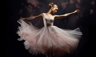A graceful young ballerina performs a dance in a flowing tulle tutu skirt on a dark backdrop