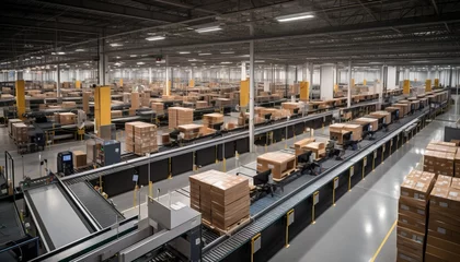 Foto op Canvas Bustling warehouse fulfillment center with seamless conveyor belt transporting packages © Ilja