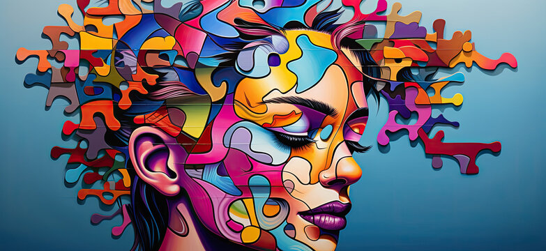 the head of the person is divided by a colorful puzzle piece