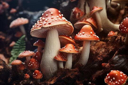 An image featuring mushrooms in a close-up shot. Generative AI
