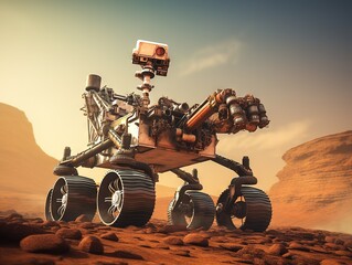 Curiosity Mars Rover exploring the surface of red planet. - obrazy, fototapety, plakaty