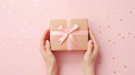 Woman hands holding gift or present box decorated confetti on pink pastel background, Top view, Flat lay composition for birthday or wedding, copy space, generative ai
