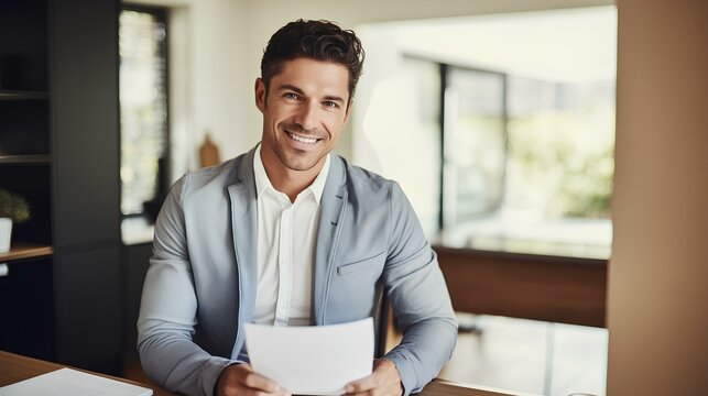 Smiling Elegant Businessman Holding Documents And Looking At Camera While Working From Home Office. Efficient Telecommuting Concept. Generative AI