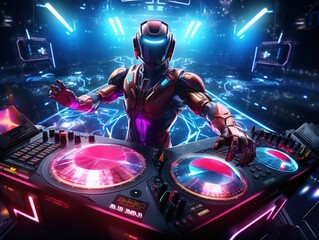 Naklejka na ściany i meble Robot disc jockey at the dj mixer and turntable plays nightclub during party. Entertainment party concept. 3D illustration