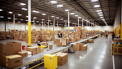 Efficient conveyor belt seamlessly transporting packages in bustling warehouse environment