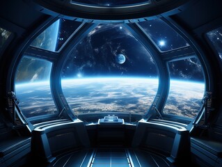 View of the planet earth from a huge spaceship window 3D renderi