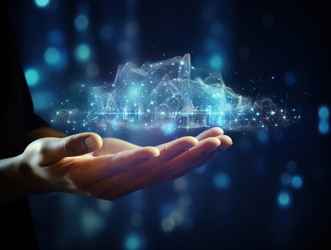 Hand holding virtual artificial intelligence with cloud technology transformation and internet of thing . Cloud technology