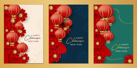 Chinese new year greeting card set vector illustration. Happy chinese new year poster.  - obrazy, fototapety, plakaty