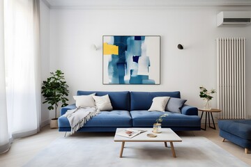 White living room with blue sofa and white carpet.

