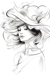 beautiful angel illustration in black and white sketch line art