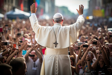 pope with his back turned to the camera greeting people - obrazy, fototapety, plakaty
