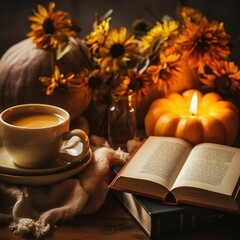 Naklejka na ściany i meble Cozy warm autumn composition with cup of hot tea, burning candle, open book and pumpkins on wooden background. Autumn home decor