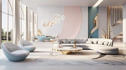 Fotobehang modern open plan room interior in futuristic style in pastel colors wall decoration. generative ai © Witri