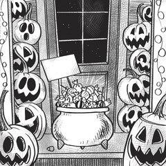 Porch of a house decorated with pumpkin lanterns, where there is a cauldron of candy and an empty sign for an inscription