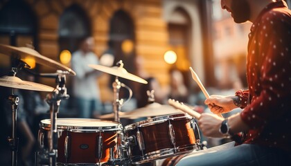 Musical group performing on concert stage with drummer   soft focus background concept