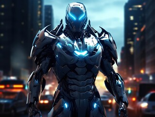 Naklejka premium Cyborg vampire stands in the night. 3D illustration