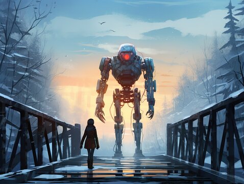 Robot and little standing on bridge in winter