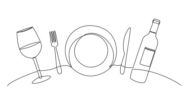 animated dinner concept continuous single line drawing, plate, fork, knife, wine glass and bottle line art animation