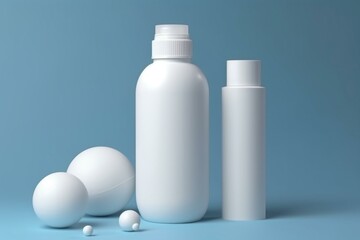 White plastic bottle for cosmetics on blue background with spheres. Container for hairspray. 3D rendering. Generative AI