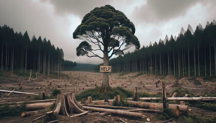 Sole tree in a cleared forest holding a, HELP, sign, a stark environmental plea