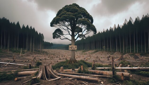 Sole tree in a cleared forest holding a, HELP, sign, a stark environmental plea