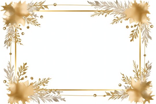 Watercolor Paint Christmas card frame gold Metallic Elegant handmade painting bush.

