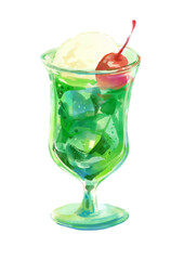 爽やかで美味しそうなクリームソーダのリアルな水彩イラスト(JPEG)