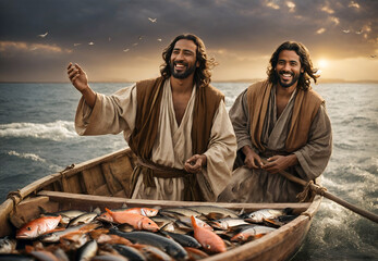 Biblical scene of Simon Peter and his brother Andrew catching a large number of fish after Jesus guided them. Religious conceptual theme.