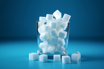 Sugar cubes in a transparent glass, motif of a large amount of sugars in drinks with space for a logo, inscriptions or text.generative ai